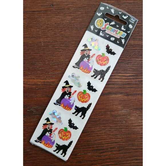 Vintage Sandylion Prismatic Halloween Stickers Witch Black Cat Ghost Bat Sealed - Picture 1 of 7